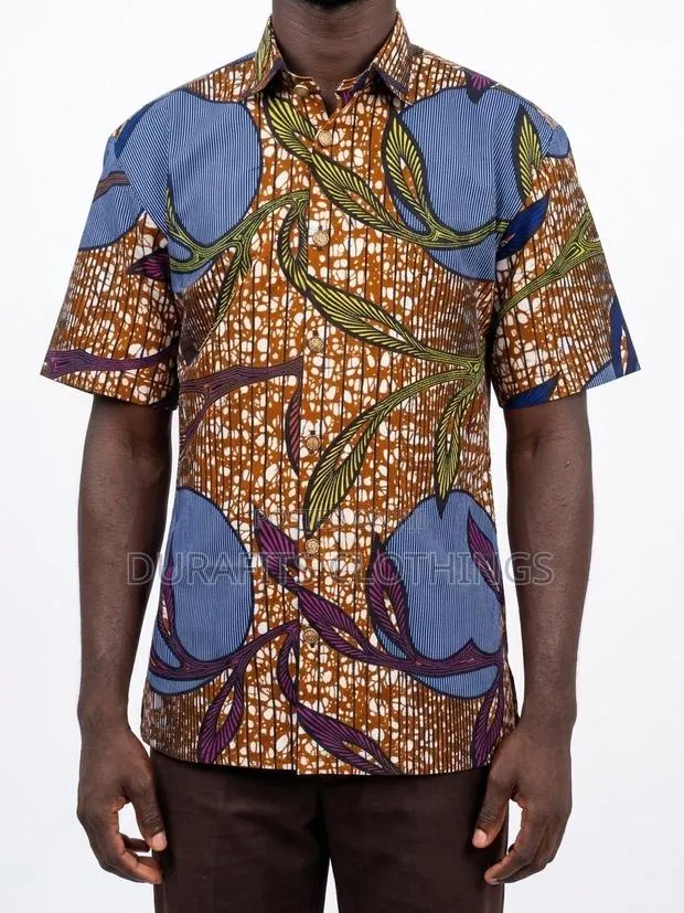 Men's Short Sleeve Batik Shirt - Brown, Blue Green Leaf · Photo 1