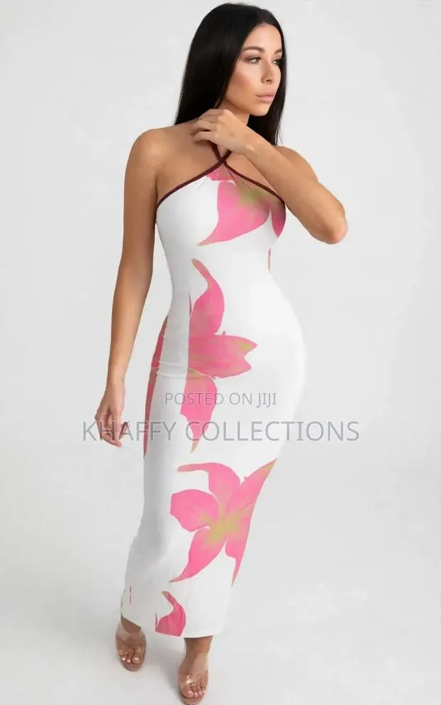 Women's White & Pink Floral Halter Bodycon Maxi Dress · Photo 1