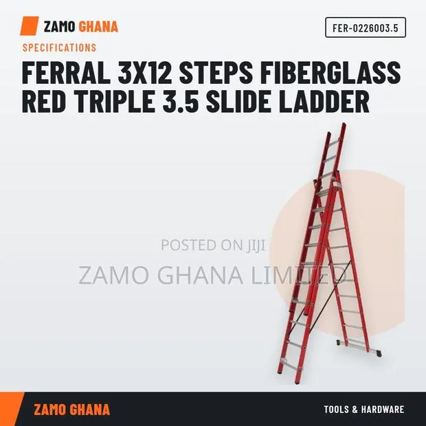 Ferral 3X12 Steps Fiberglass Red Triple 3.5 Slide Ladd - FER-.5 · Photo 1
