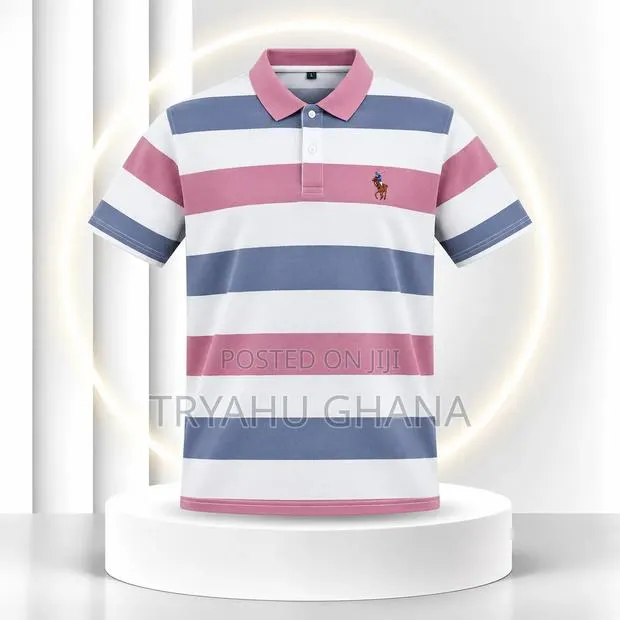 TRYAHU Premium Pink, Slate-Blue & White Striped Polo · Photo 1