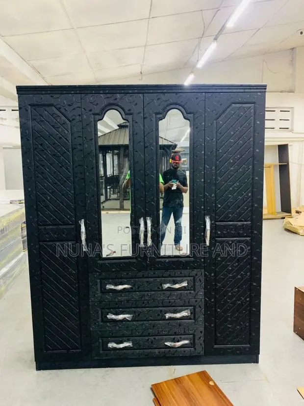 Modern Black 4-Door Wardrobe With Mirrors & Drawers · Photo 1