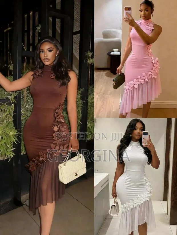 CLASSIC WEARS 3D Flower Bodycon Dress With Mesh Hem - Brown Pink White · Photo 1