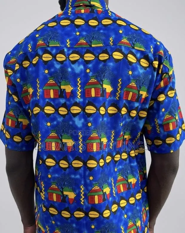 Men’s Blue Heritage Motif African Print Short-Sleeve Shirt · Photo 4