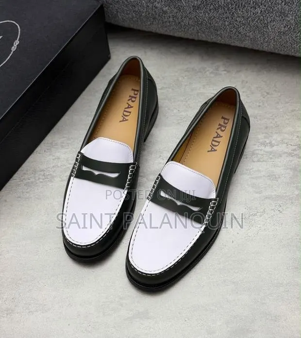 Black and White Two-Tone Leather Penny Loafers by Prada · Photo 1