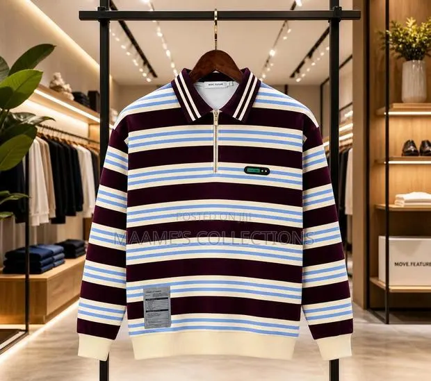 Men’S Striped Long-Sleeved Polo Sweatshirt With a Partial Zip · Photo 1