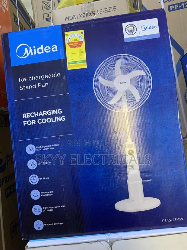 Available Midea 18inch Standing Rechargeable Fan · Photo 1