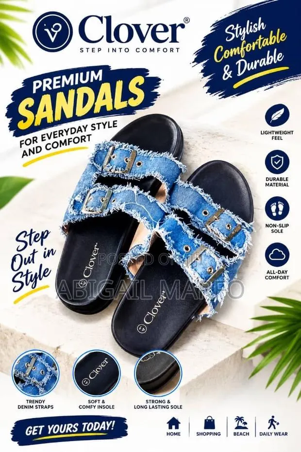 Clover Premium Distressed Denim Double-Buckle Slide Sandals · Photo 1
