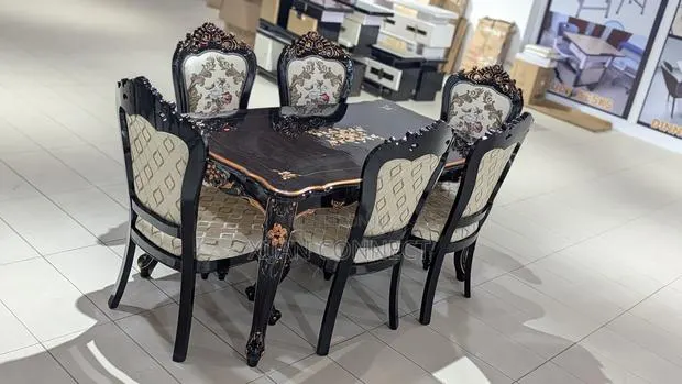 Classic 6-Seater Dining Table Set – Carved Wood Upholstered Chairs · Photo 1