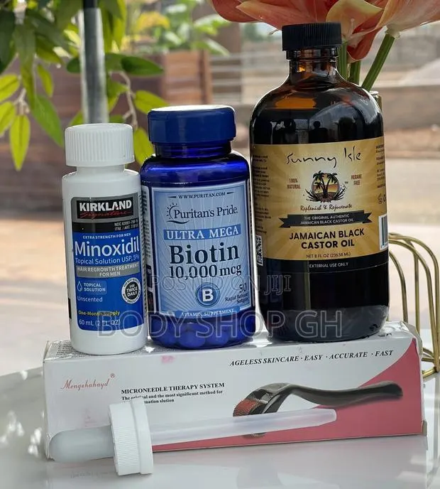 Beard Grow Combo Pack- Kirkland + Biotin +Roller +Castor Oil · Photo 1