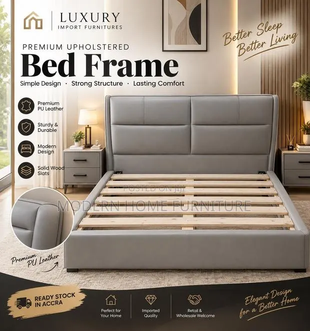 Luxury Grey PU Leather Bed | Imported | Modern Comfortable · Photo 1