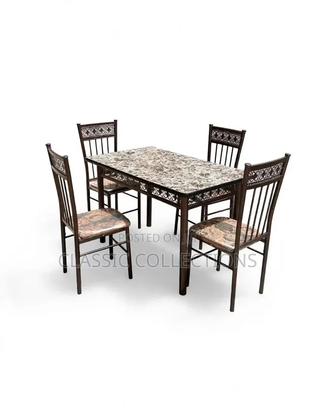 4 Seater Metal Dining Set- Marble Top Table Set+4 Cushioned Chairs · Photo 1