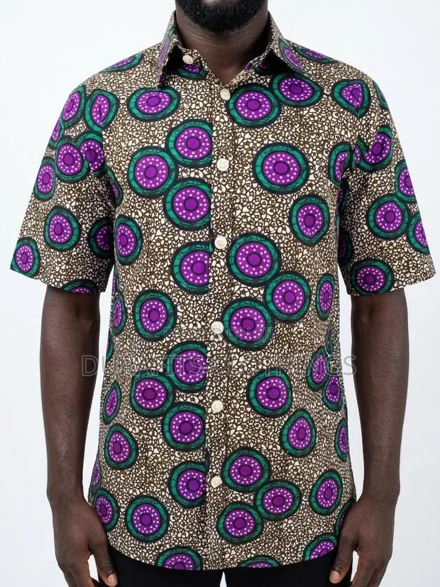 Men’s Purple & Teal Circle African Print Short-Sleeve Shirt · Photo 1