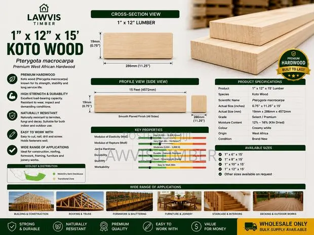 Premium Onyina (Ceiba) Lumber 1”×12” × 15ft | Quality Timber Wholesale · Photo 1
