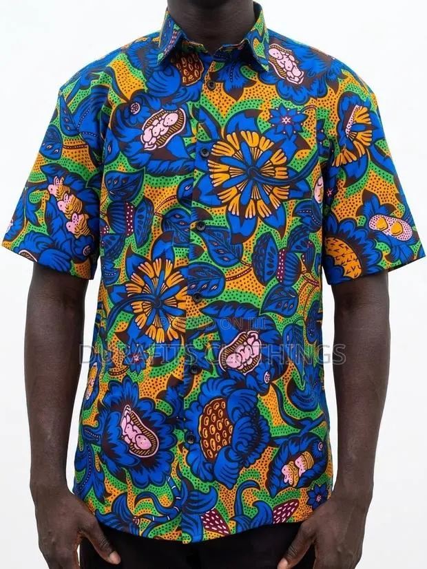 Men's Vibrant Floral African Print Short Sleeve Shirt - Blue/Gold · Photo 1