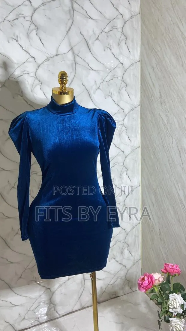 Blue Velvet Puff-Sleeve Dress · Photo 1