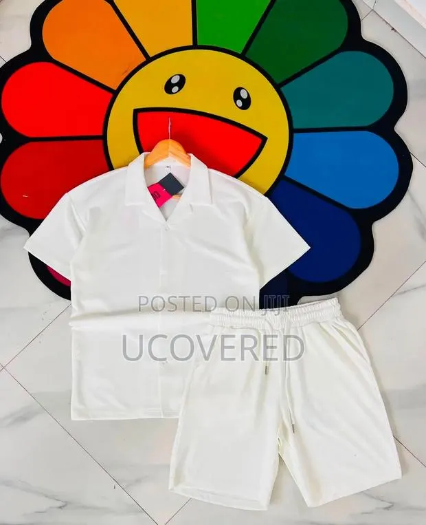 Collared Shirt and Drawstring Shorts Sets · Photo 1