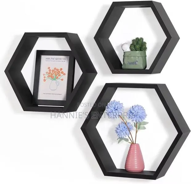 Set of 3 Pine Wood Hexagon Shelves for Wall Decor - · Photo 1