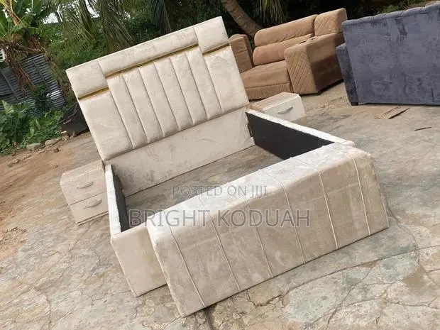 Light Brown Double Bed Frame With Side Drawers and Ottoman · Photo 1