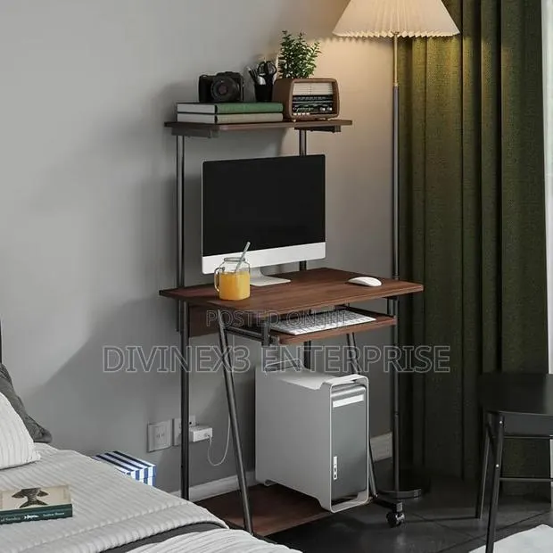 Compact Rolling Computer Desk – Walnut Finish · Photo 1