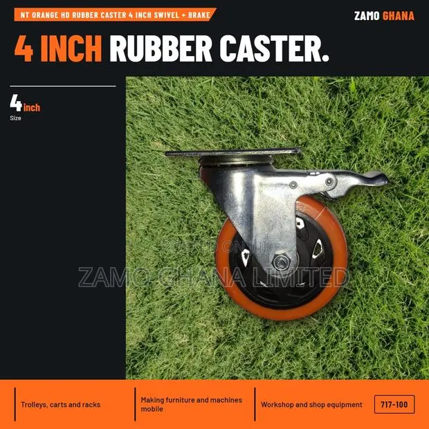 Nt Orange Hd Rubber Caster 4 Inch Swivel + Brake - 717-100 · Photo 1