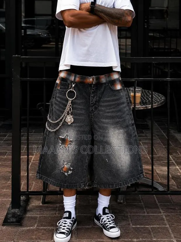 Men’s Oversized Distressed Denim Jorts – Streetwear Baggy Shorts · Photo 1