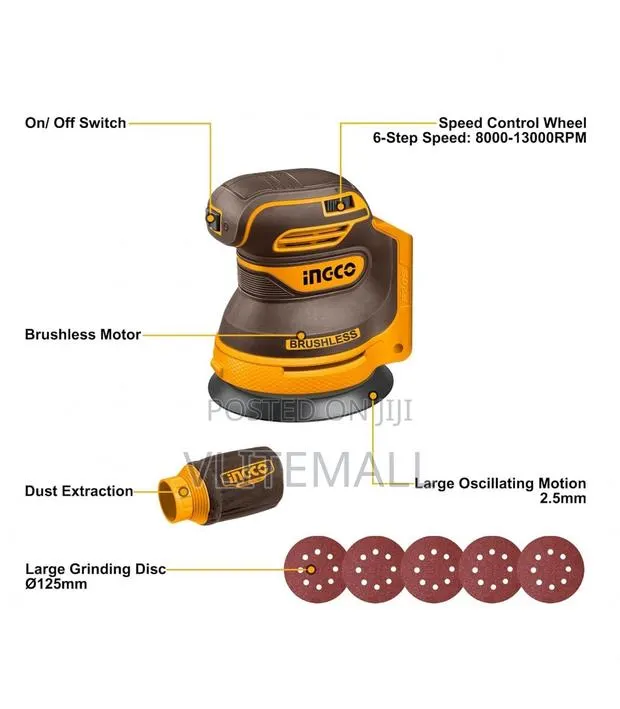 Ingco Crosli2002 20v Brushless Codless Random Orbit Sander - Bare Unit · Photo 1