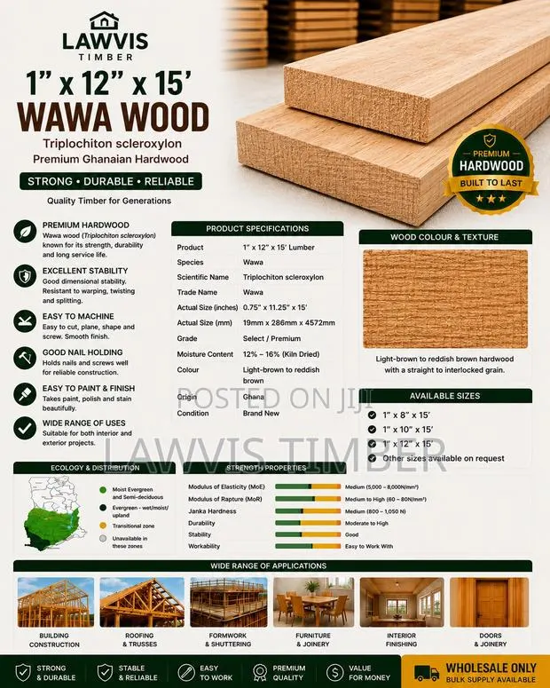 Premium Wawa Wood (Triplochiton Scleroxylon) 1” × 12” × 15ft · Photo 1