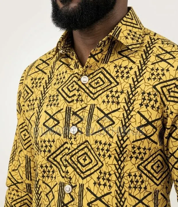 Men’S Premium African Print Shirt - Mustard Yellow Geometric · Photo 1