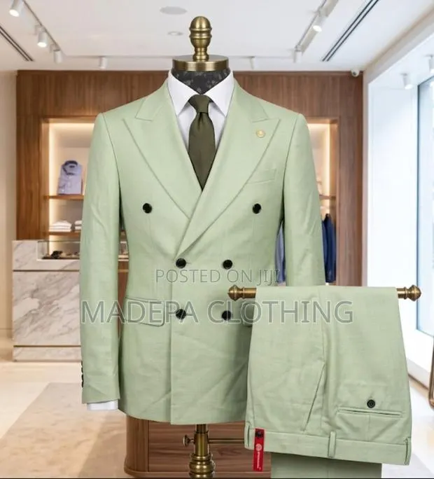 Stylish Light Green Double Breasted Wool Suit · Photo 1