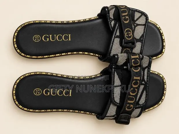 Women’s Stylish Black and Gold Double-Strap Flat Sandals · Photo 1