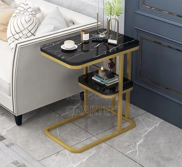 Modern Wooden Marble Effect-Top Side Table With Gold Frame Black · Photo 1