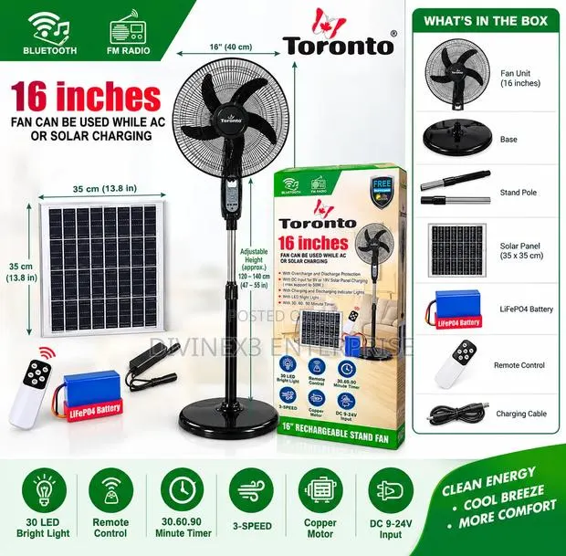 16" Rechargeable Stand Fan With Solar Panel · Photo 1