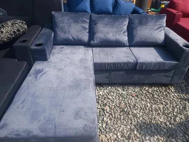 Gray Velvet L-Shaped Sectional Sofa With Cup Holders · Photo 1
