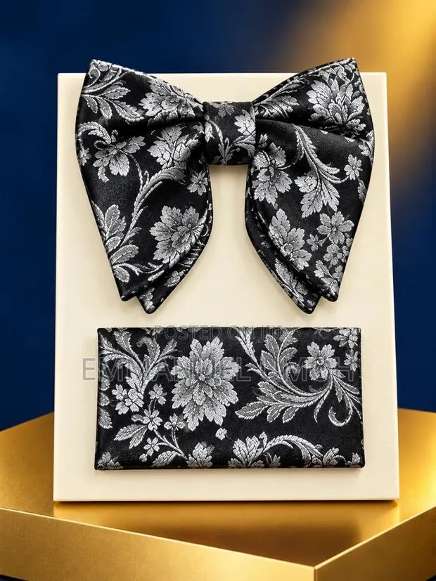 Elegant Silver and Black Bow Tie With Pocket Kerchief · Photo 1