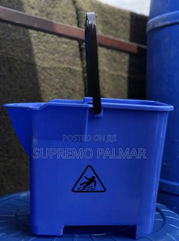 14L Plastic Mop Bucket With Wringer, Handle & Wet Floor Warning · Photo 1