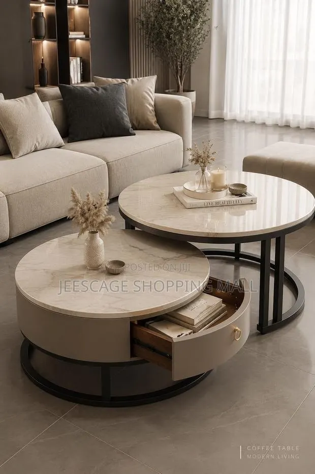 Modern Nesting Round Coffee Table Set With Storage Drawer