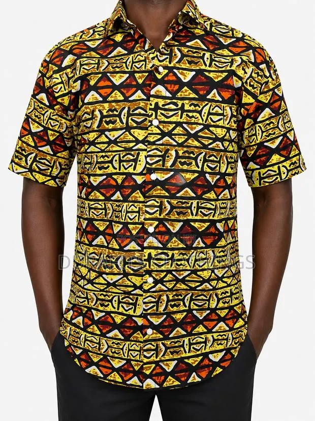 Men's African Print Short Sleeve Shirt - Yellow Orange · Photo 1