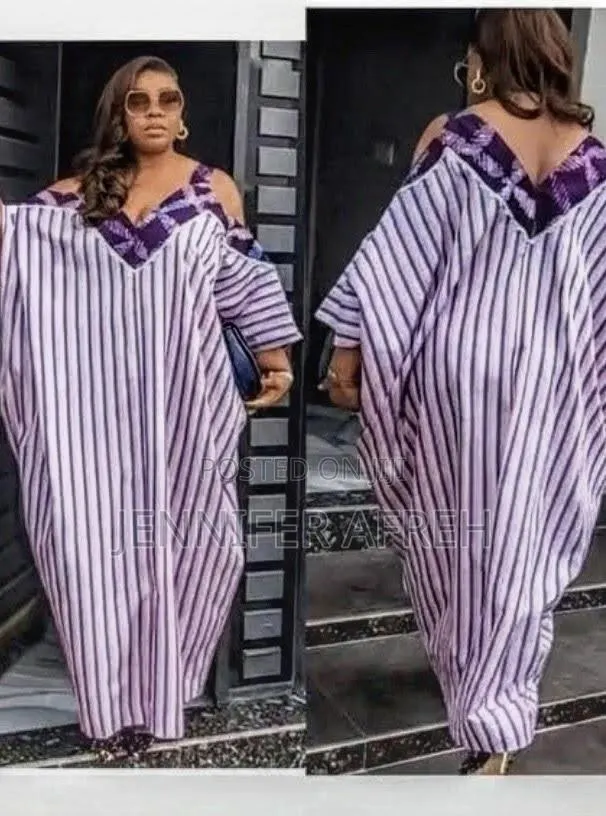 Striped Cold-Shoulder Kaftan / Slit-Sleeve Maxi Boubou · Photo 1