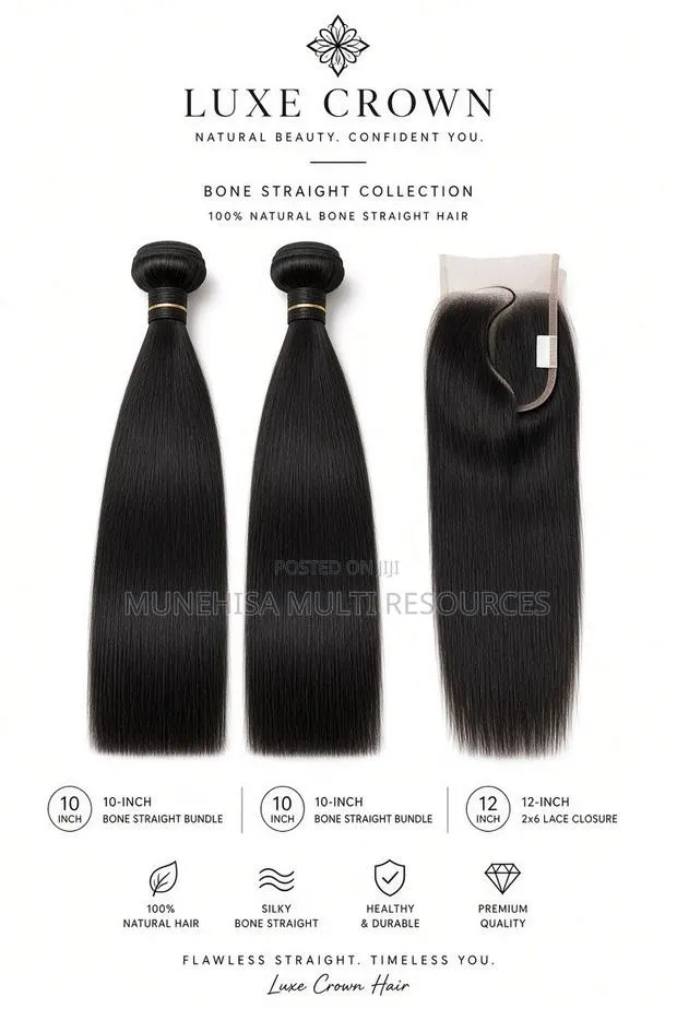Natural Black Bone Straight – 10” 2 Bundles + 12” 2×6 Closure · Photo 1