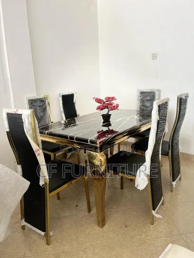 6-Seater Black Marble Gold Dining Table Set · Photo 1