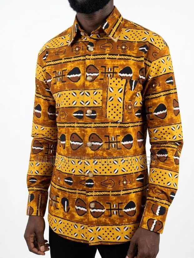 Earth-Toned Cowrie Shell Print Button-Down Shirt · Photo 1