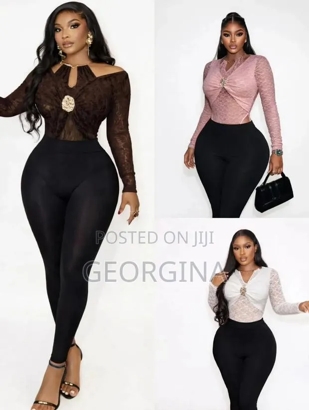 2 IN 1 Lace Bodysuit Top & Leggings Set With Gold Brooch - · Photo 1
