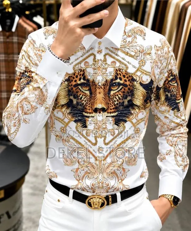 Luxury Men’s Designer Shirt – Black, Gold & White Baroque Print · Photo 1