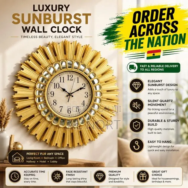 Luxury Gold Sunburst Wall Clock With Mirrored Frame-28 Inch · Photo 1