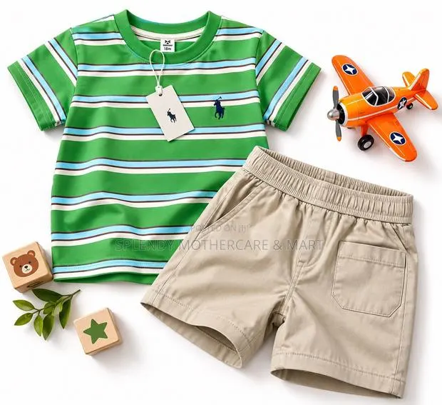 Boys' Green Striped T-Shirt and Shorts Two-Piece Set · Photo 1