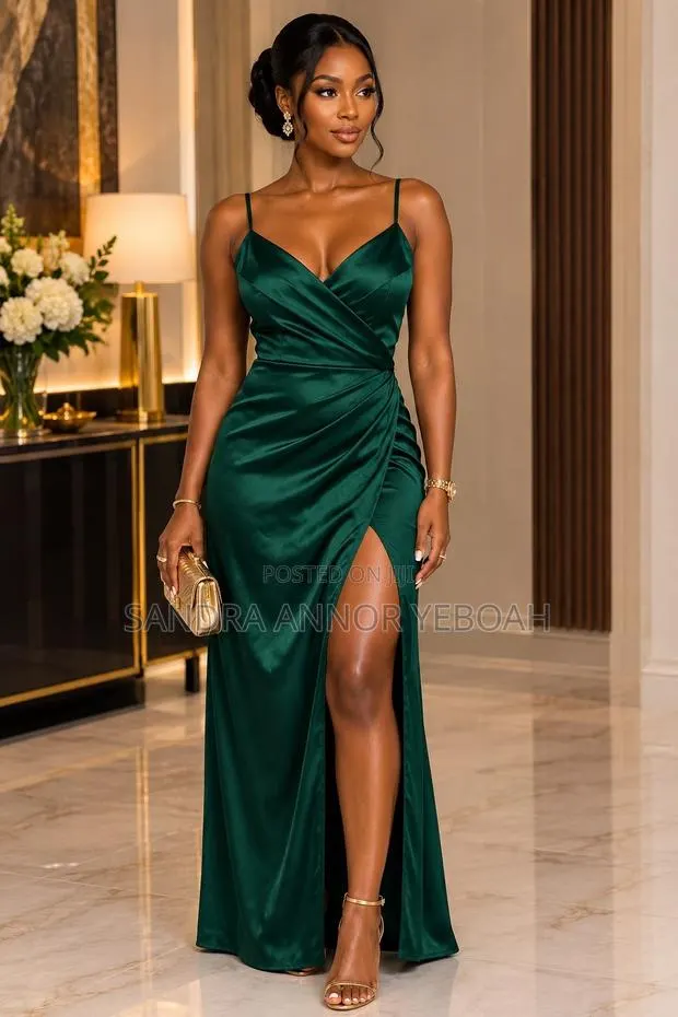 Plain Emerald Green Spaghetti Straps Satin Dress · Photo 1