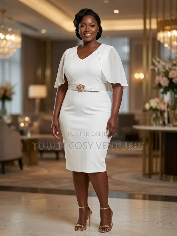 Chic White Cape Sleeve Belted Midi Dress ( 2xl/14) · Photo 1