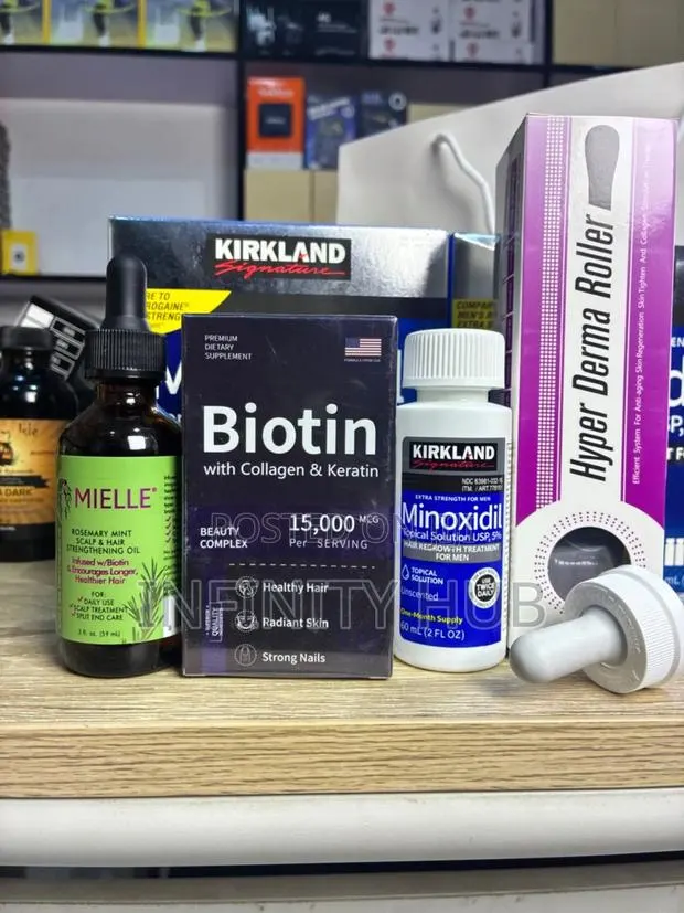 Kirkland Minoxidil,Derma Roller, Biotin, Rosemary Mielle · Photo 1