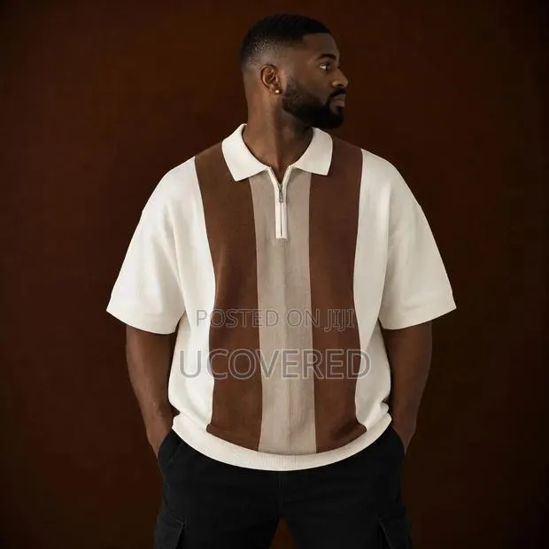 Short-Sleeved, Vertical Colorblock Knit Quarter-Zip Polo Shirt · Photo 1