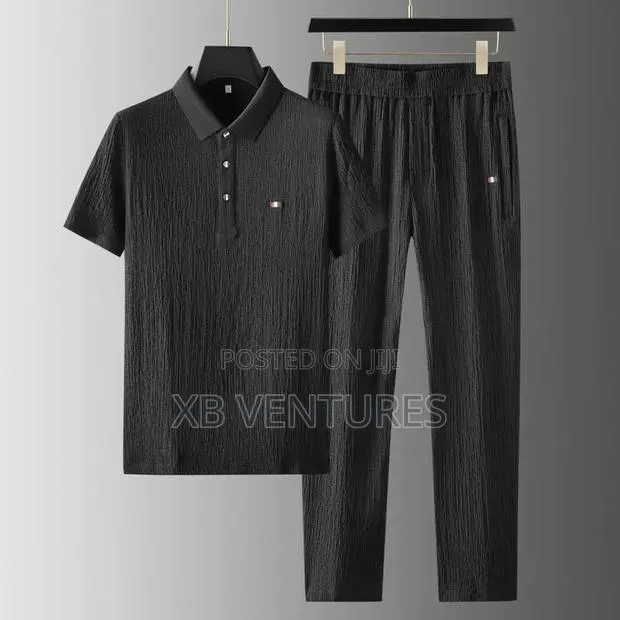 2pcs Mens Short Sleeve Polo T-Shirt + Long Pants Set - Black · Photo 1
